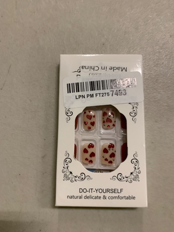 Photo 1 of 24pcs Heart Press on Nails Short Square Valentines Fake Nails Glitter Full Cover False Nails with Rhinestones Red Heart Designs Acrylic Nails Red Stick on Nails Glossy Artificial Nails for Women