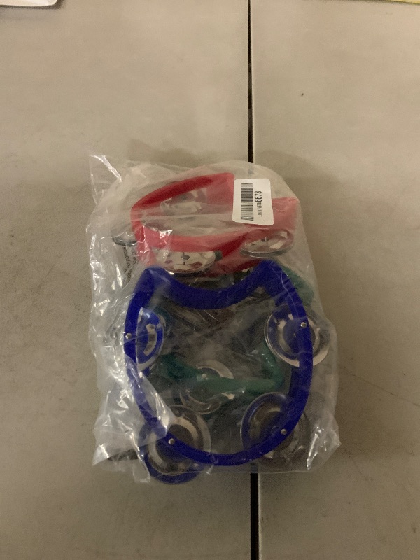 Photo 1 of 4 Pack Plastic Percussion Tambourines, Mini Hand Bell Percussion with 4 Jingle Bells, Hand-held Percussions Musical Instrument for Adults Kids School Birthday Party, 4 Color