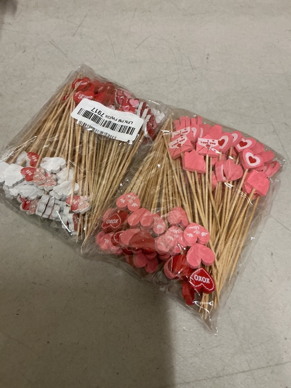 Photo 1 of 200PCS Valentine’s Day Wooden Cocktail Picks – Valentines Heart Love Appetizer Fruits Sticks Toothpicks Cupcake Toppers Party Supplies Decorations