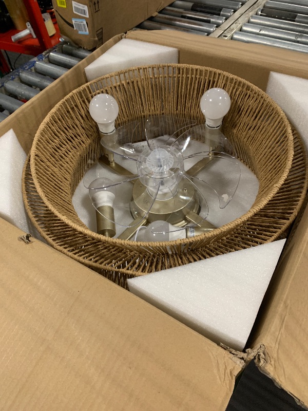 Photo 1 of ***Missing Hardware***DARYEWO Rattan Boho Ceiling Fan with Light Flush Mount, 20 Inch Caged Ceiling Fans with Light and Remote Control, Low Profile Enclosed 6 Speeds for Bedroom, Nursery, Living Room, E26 Base (Brown)