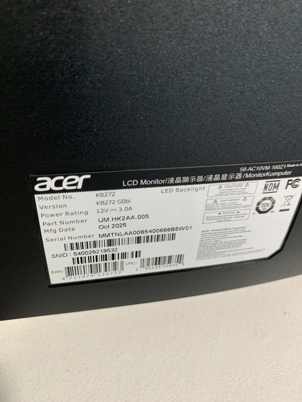 Photo 1 of [Missing Power Cord and Screen is internally damaged] acer 27 Inch Monitor- KB272-27 Inch FHD IPS (1920 x 1080) Display, Up to 120Hz Refresh Rate, 99% sRGB, Tilt, Adaptive-Sync Support (FreeSync Compatible) 1ms (VRB), sRGB 99% Color, HDMI & VGA Ports