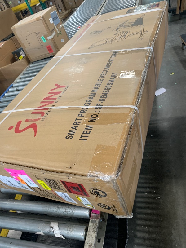 Photo 1 of **FACTORY SEALED** Sunny Health & Fitness Programmable Electro-Magnetic Resistance Recumbent Exercise Bike with 16 Levels of Resistance, 300 lbs Weight Capacity, and Bluetooth Connectivity with Exclusive SunnyFit™ App – SF-RB4850SMART