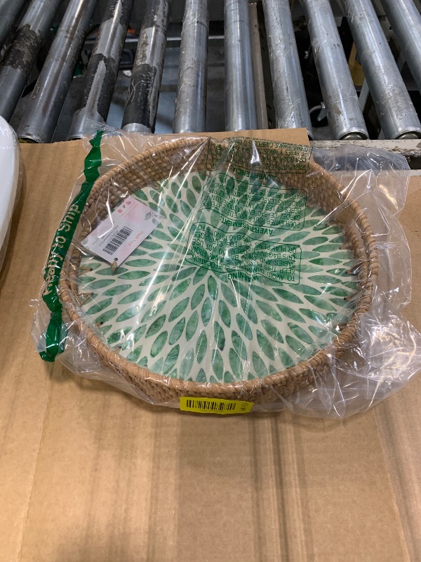 Photo 1 of ****MINOR DAMAGE****
YANGQIHOME Round Rattan Tray with Handle, Mother of Pearl Inlay Decorative Wicker Basket for Coffee, Bread, Fruits, Serving Tray for Home Decor, 11.8 inch