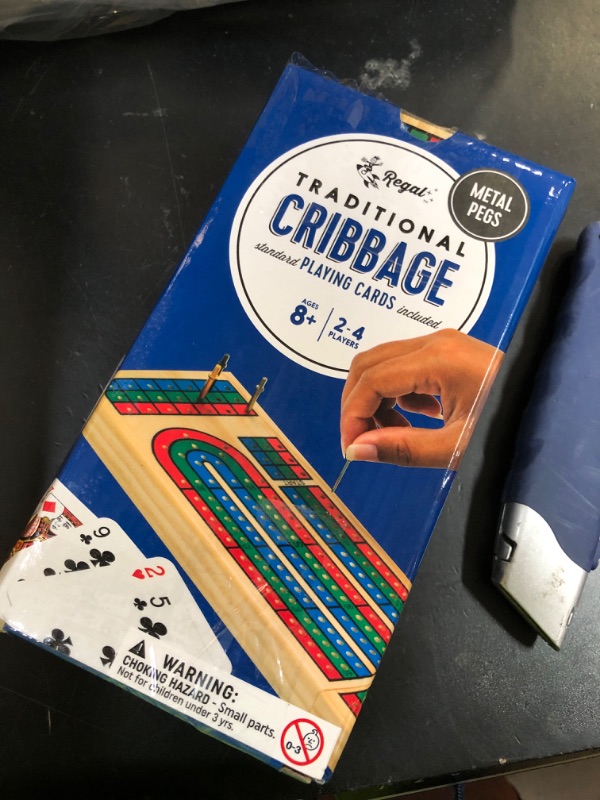 Photo 1 of Regal Games Cribbage Board Game Set w/Storage - Fun Table Game with Wooden Board for Adults & Kids - 9 Metal Pegs, Deck of Playing Cards & 2-4 Player Games - Ideal for Game Night, Travel (Ages 8+)