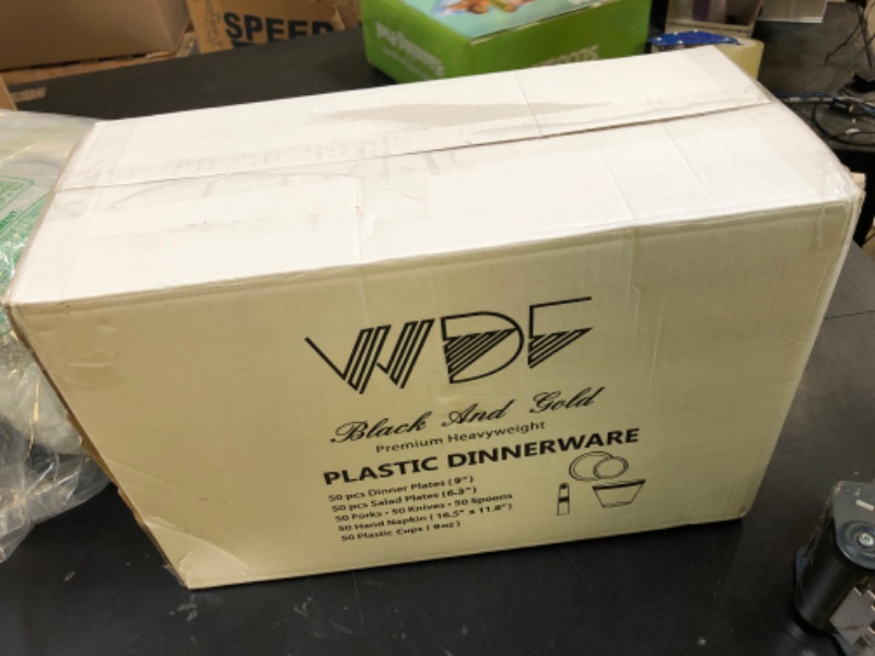 Photo 1 of WDF Partyware 350 Pieces Black and Gold Plastic Plates with Disposable Silverware, Include 50 Dinner Plates 9”, 50 Dessert Plates 6.3”, 50 Black Cups 9 OZ, 50 Pre Rolled Napkins for new year