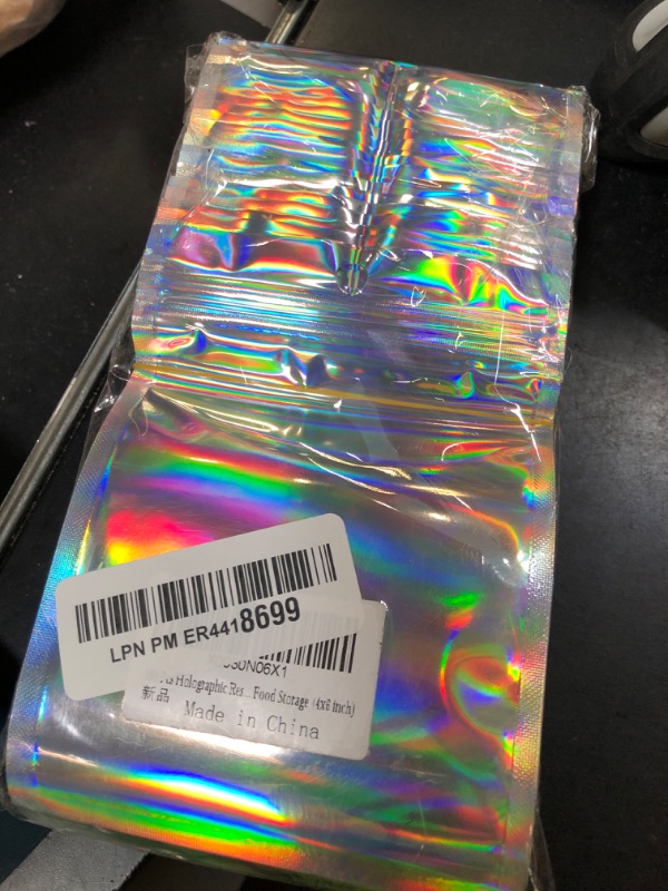 Photo 1 of 100 Pcs Holographic Resealable Packaging Bags for Small Business Supplies, Cute Small Color Smell Proof Foil Pouch Plastic Baggies for Lip Gloss Soap Party Food Storage (4x6 inch)