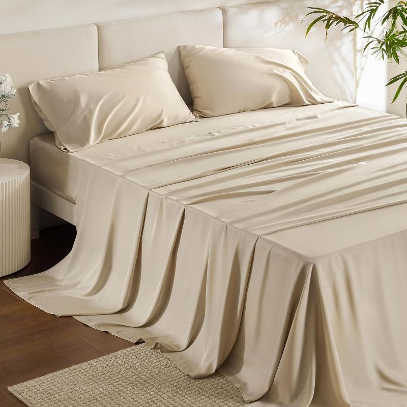 Photo 1 of Bedsure King Size Sheet Set, Cooling Sheets King, Rayon Derived from Bamboo, Deep Pocket Up to 16", Breathable & Soft Bed Sheets, Hotel Luxury Silky Bedding Sheets & Pillowcases, Beige
