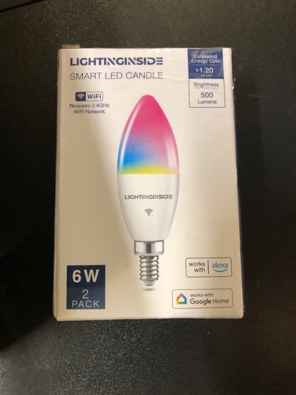 Photo 1 of Lightinginside E12 Smart Light Bulbs 60W Equiv., Work with Alexa/Google Home/Smart Life, 500LM 6W RGBCW Candle Candelabra LED Light Bulbs, No Hub Required, 2.4G WiFi Bluetooth Bulb, ETL Listed, 2PCS