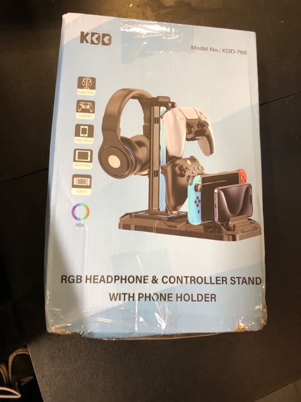 Photo 1 of KDD Headset Stand with Charging Station - Detachable Controller Holder with 9 Light Modes - Rotatable Headphone Hanger with USB A&C Charger Ports - Earphone Hook for PC Gaming Accessories Storage