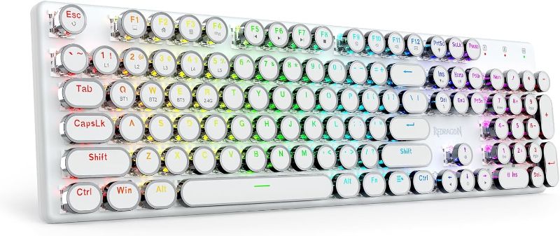 Photo 1 of Redragon K710 Wireless Typewriter Mechanical Gaming Keyboard, Bluetooth/2.4Ghz/Wired, RGB Backlit, Rechargeable, Blue Switch - Clicky, Metal Panel, Round Keycaps, White
