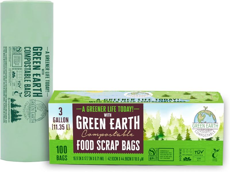 Photo 1 of Green Earth Compostable Small Kitchen Food Scrap Trash Bags, Compost Bin Compatible, 3 Gallon, 11.35 Liter, 300-Count, Extra Thick 0.71 Mil, ASTM D6400, BPI (US) & OK Compost Home (EU) Certified
