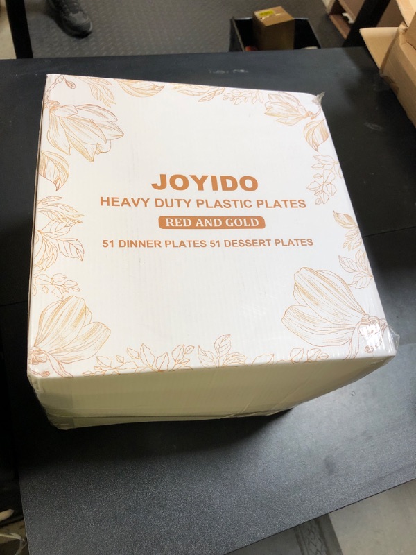 Photo 1 of Joyido 102PCS Red and Gold Plastic Plates - Red Plates Disposable - Vintage Plastic Plate with Gold Rim Include 51PCS Dessert & 51PCS Dinner Plate Perfect for & Weddings & Parties