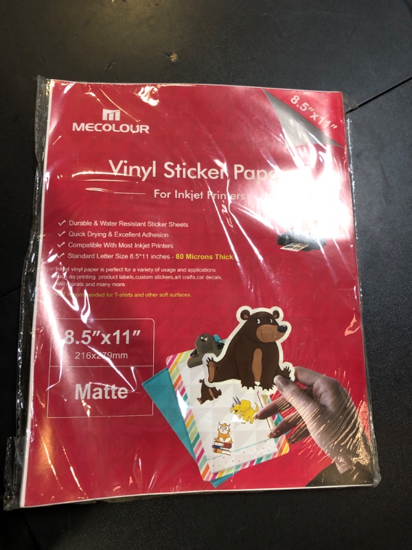 Photo 1 of MECOLOUR Premium Printable Matte White Sticker Paper Vinyl for Inkjet & Laser Printer 8.5"x11" Waterproof Dries Quickly Vivid Colors Tear Resistant 50 Sheets