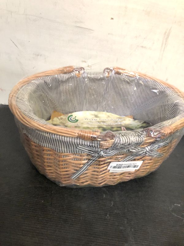 Photo 1 of G GOOD GAIN Oval Picnic Basket with Folding Handles, Willow Hand Woven Shopping Basket, Bath Toy Kids Toy Storage Gift Packing Basket, Wicker Empty Easter Eggs and Candy Small Gift Basket. Grey
