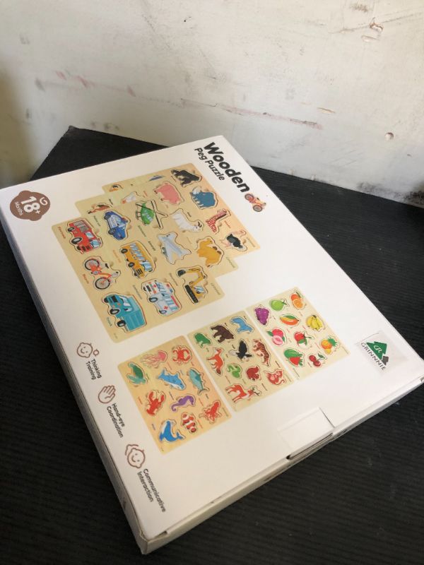 Photo 1 of GRINNNIE Wooden Toddler Puzzle for Age 2 3 4 Years Old, 6 PCS Toddlers Learning Puzzle Set - Animal, Fruit, Sea Creature and Vehicle, Educational Toy Birthday for 3-5 Boys Girls