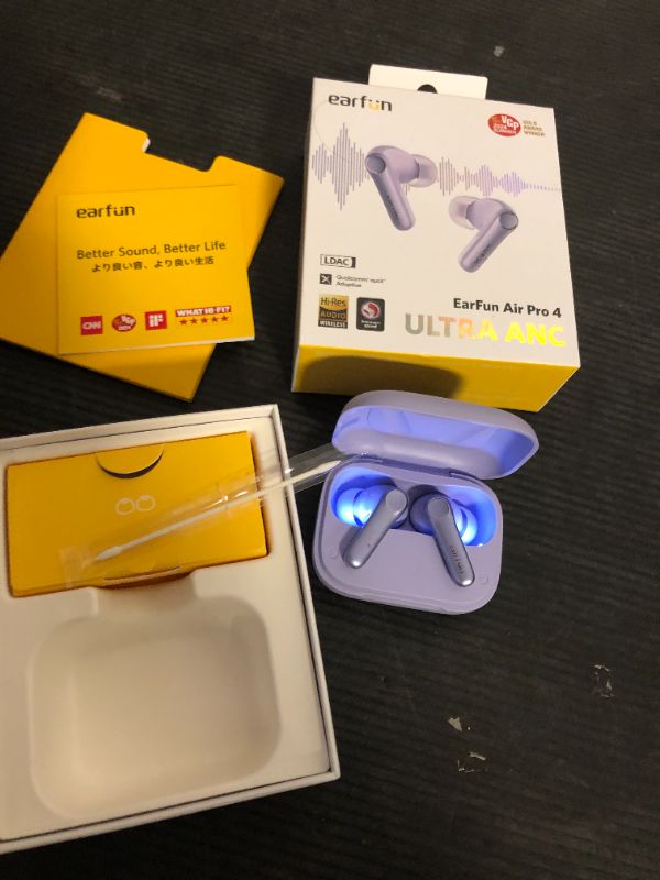Photo 1 of EarFun Air Pro 4 Adaptive Hybrid Noise Canceling Wireless Earbuds, Qualcomm Snapdragon Sound, aptX™ Lossless, 6 Mics AI CVC 8.0 Call, LDAC Hi-Res Audio, 52H Playtime, Bluetooth 5.4, Violet