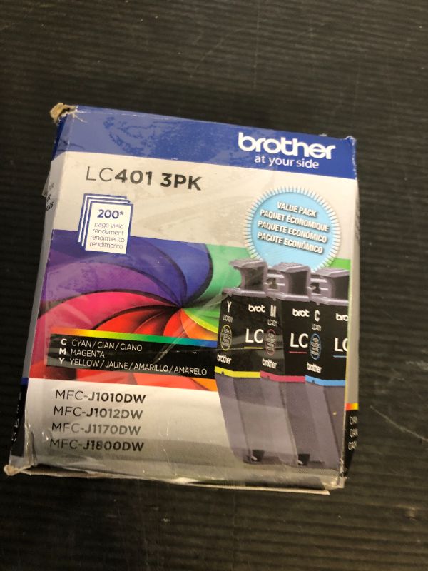 Photo 1 of Brother Genuine LC401 Standard Yield 3-Pack Ink Cartridges â€“ Includes 1 Cartridge Each of Cyan, Magenta and Yellow , 3 Count (Pack of 1)