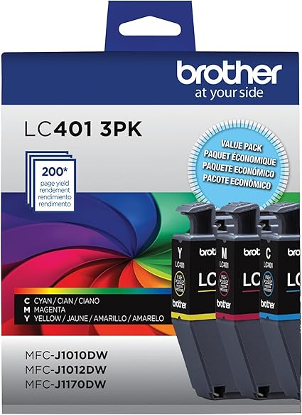 Photo 1 of Brother Genuine LC401 Standard Yield 3-Pack Ink Cartridges â€“ Includes 1 Cartridge Each of Cyan, Magenta and Yellow , 3 Count (Pack of 1)