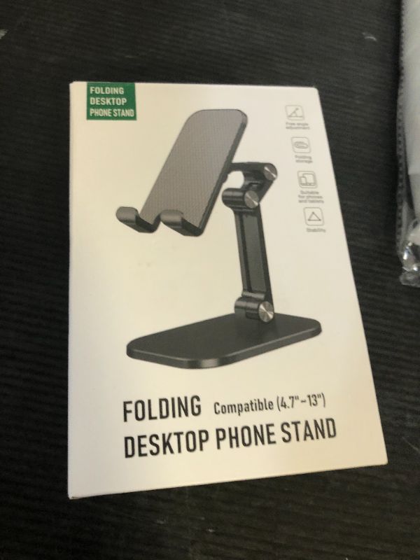 Photo 1 of Phone Stand, Adjustable Height and Angle Foldable Cell Phone Stand Holder for Desk, Taller iPhone Stand Compatible with 4.7"-13" Smartphones iPad Tablet, Black