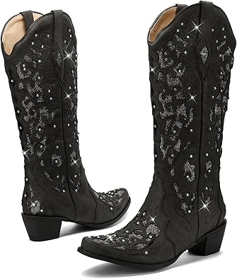 Photo 1 of Size  9--LingxiaUne Red Western Cowboy Boots with Mid Calf Black Glitter Cowgirl Boots Women Sparkly Rhinestone Tall Boot with Embroidery and Chunky Heel for Daily Wearing|Office|Party Size9
