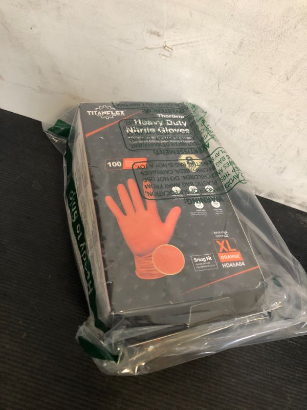 Photo 1 of TitanFlex ThorGrip Heavy Duty Industrial Orange Nitrile Gloves, 8-mil, Gloves Disposable Latex Free with Raised Diamond Texture Grip, Powder Free, Rubber Gloves, Mechanic Gloves,100-ct Box (XL)
