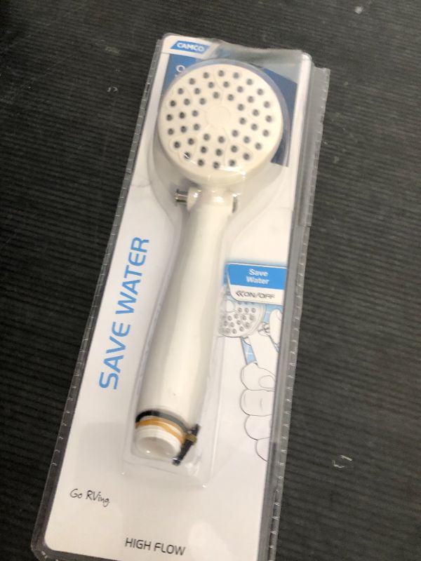 Photo 1 of Camco RV Outdoor Shower Head | High Flow Shower Head | Conserve Water with Convenient On/Off Switch | White (44023)