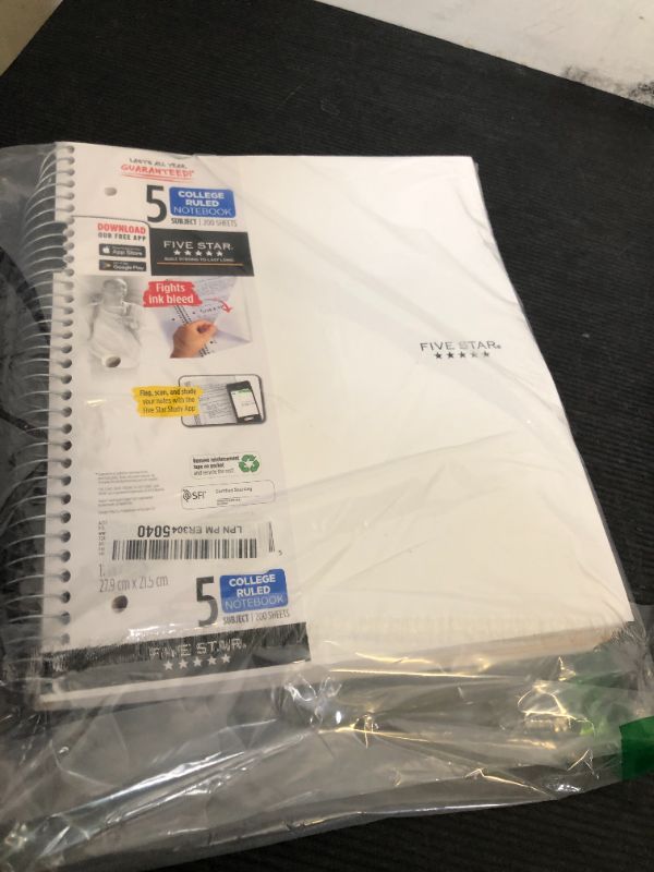 Photo 1 of Five Star Spiral Notebook + Study App, 5 Subject, College Ruled Paper, 8-1/2" x 11", 200 Sheets, Fights Ink Bleed, Water Resistant Cover, White (72460)