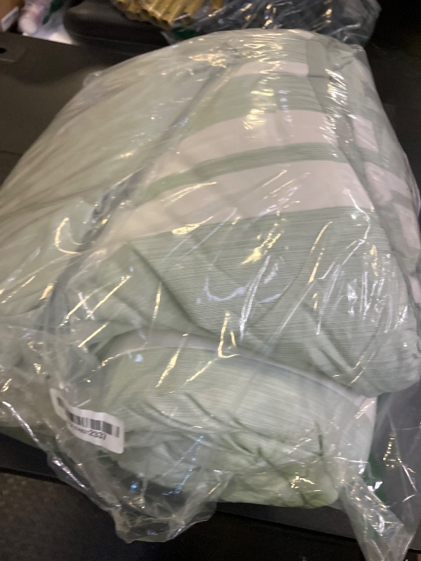 Photo 1 of Bedsure Queen Comforter Set 7 Pieces, Sage Green Striped Bedding Set for All Seasons, Reversible, Cationic Dyeing Bed in a Bag with Comforter, Sheets, Pillowcases & Shams