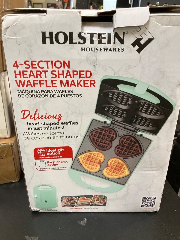 Photo 1 of Holstein Housewares 4-Section Heart Shaped Waffle Maker, Non-Stick Waffle Iron, Mini Waffle Maker for Kids, Non-Toxic Coating, Easy to Clean, Makes 4 Heart-Shaped Waffles in Minutes, Mint