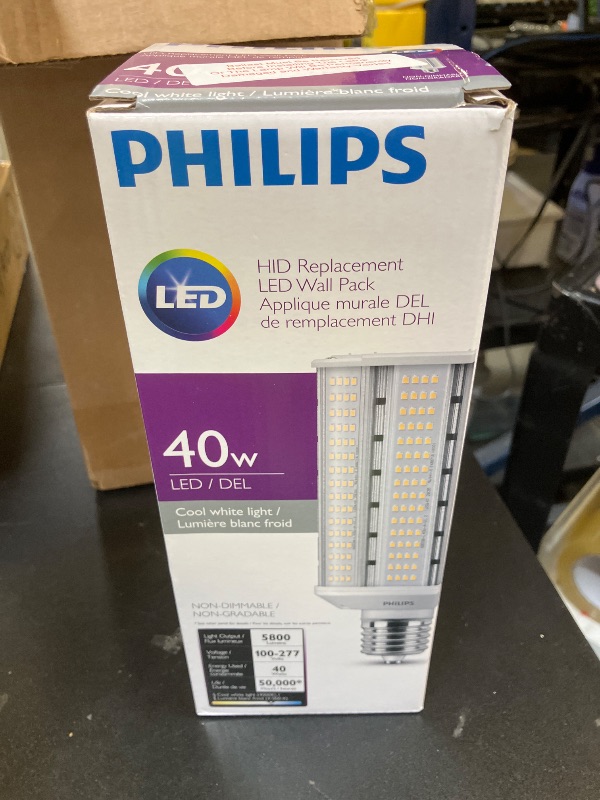 Photo 1 of PHILIPS LED Wall Pack 40W Retrofit Light Bulb HID HPS Replacement Lamp 5800 Lumens Indoor Outdoor Applications Non Dimmable 4000K EX39 Mogul Ballast Bypass 100 277V 40WP/LED/840/ND 559930