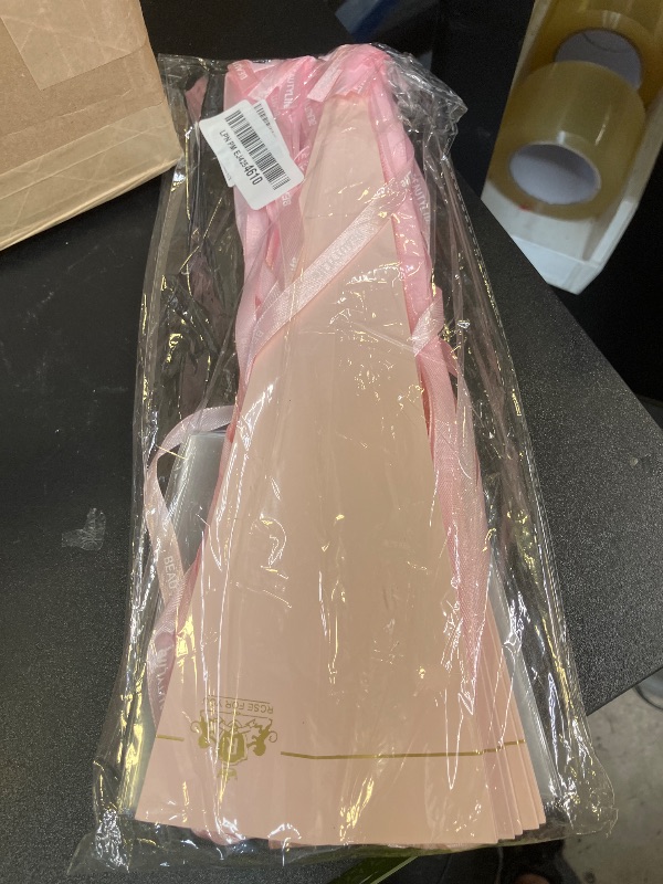 Photo 1 of 12 Pcs Flower Bags for Bouquets Single Rose Sleeve Box Transparent Triangle Rose Bag DIY Flower Wrapping Paper for Graduation Wedding Birthday Floral Arrangement (Pink)