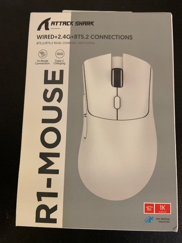 Photo 1 of ATTACK SHARK R1 Wireless Gaming Mouse,Tri-Mode Connection (2.4G/Wired/BT5.2),55g Lightweight,18K DPI Optical Sensor,HUYU 20 Million Key Life,Ergonomic Design,for PC/Laptop/Win/Mac(White+Sticker)
