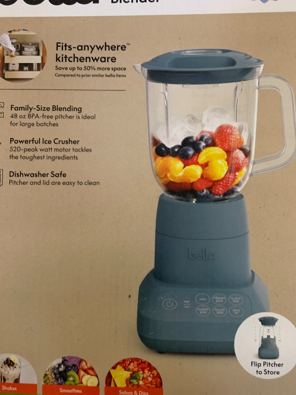 Photo 1 of bella 10 Speed Countertop Blender, Juicer & Smoothie Maker, Fits-anywhere™ Kitchenware, Slim Flip & Store Design, Dishwasher Safe 48oz Capacity Pitcher & Lid, Stainless Steel Blade, 450 Watt, Surf