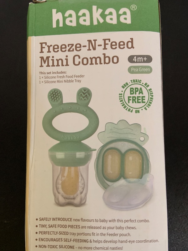 Photo 1 of Haakaa Baby Fruit Food Feeder & Mini Freezer Nibble Tray Combo, Breastmilk Popsicle Molds for Cooling Relief, BPA Free Silicone Feeder for Safe Infant Self Feeding, 4 Month+ (Pea Green)