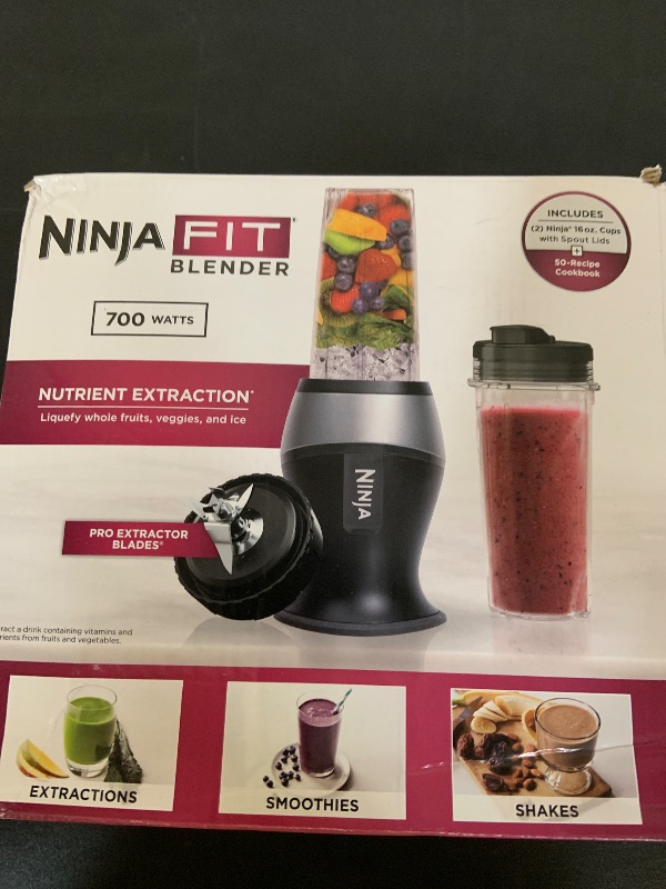 Photo 1 of Ninja Fit Compact Personal Blender, Portable Blender for-Smoothies, Shakes, Food Prep, and Frozen Blending, 700-Watt Base, (2) 16-oz. Cups and Spout Lids, Black QB3001SS