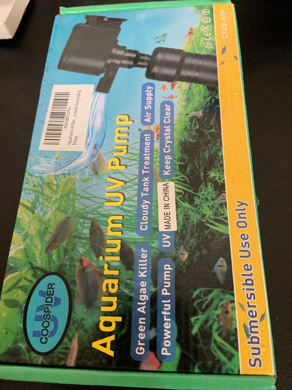 Photo 1 of COOSPIDER Aquarium U-V Filter Green Clean Machine for 40-100 Gallon Fish Tank Crystal Clear 300GPH Submersible Water Pump Air Supply Wave Maker Green Killing