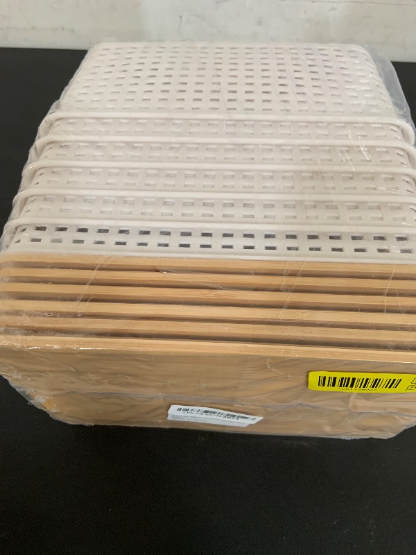 Photo 1 of Bagnizer Small Plastic Storage Bins with Bamboo Lids 5.2qt Stackable Box Basket Pantry Decorative Containers Cute with Lable for Organizing Desktop Closet Office Cream White of 6 packs 10*7.2*4.1'’