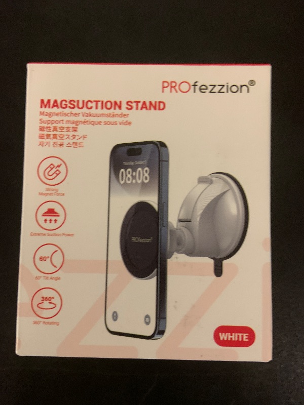 Photo 1 of PROfezzion Multi-Surface Suction Mount Detachable Magnetic Phone Holder for Mirror Shower Bathroom Kitchen Window Videos Compatible with MagSafe iPhone 16 15 14 13 12 & All Phones - White