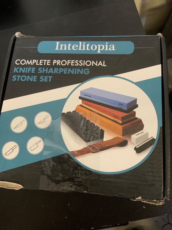 Photo 1 of Intelitopia Complete Knife Sharpening Stone Set – Dual Grit Whetstone 400/1000 3000/8000 Knife Sharpener with Leather Strop, Flattening Stone, Bamboo Base, 3 Non-slip Rubber Bases & Angle Guide