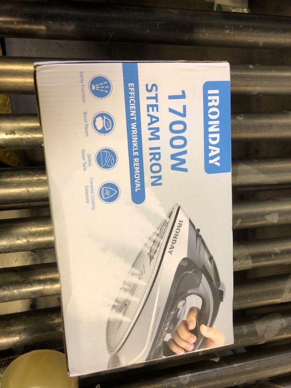 Photo 1 of IRONDAY 1700W Steam Iron for Clothes, Burst of Steam, Auto shutoff, Self-Cleaning, Ceramic Soleplate, 10.14oz Water Tank Ironing Clothes for All Home, Grey