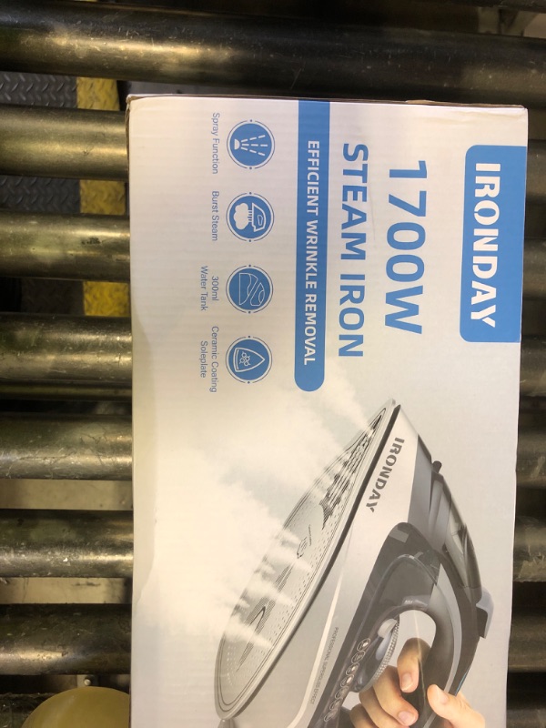 Photo 1 of IRONDAY 1700W Steam Iron for Clothes, Burst of Steam, Auto shutoff, Self-Cleaning, Ceramic Soleplate, 10.14oz Water Tank Ironing Clothes for All Home, Grey