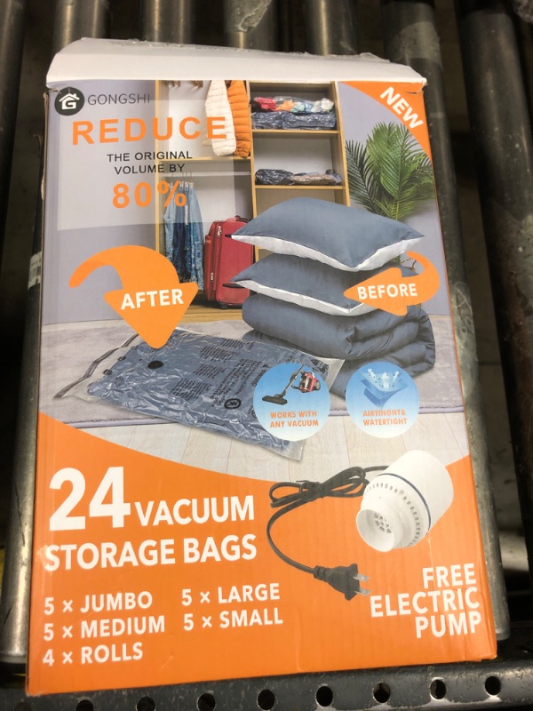 Photo 1 of 24 Pack Vacuum Storage Bags with Electric Pump, (5 Jumbo, 5 Large, 5 Medium, 5 Small, 4 Roll Up Bags) Space Saver Bag for Clothes, Mattress, Blanket, Duvets, Pillows, Comforters,Travel