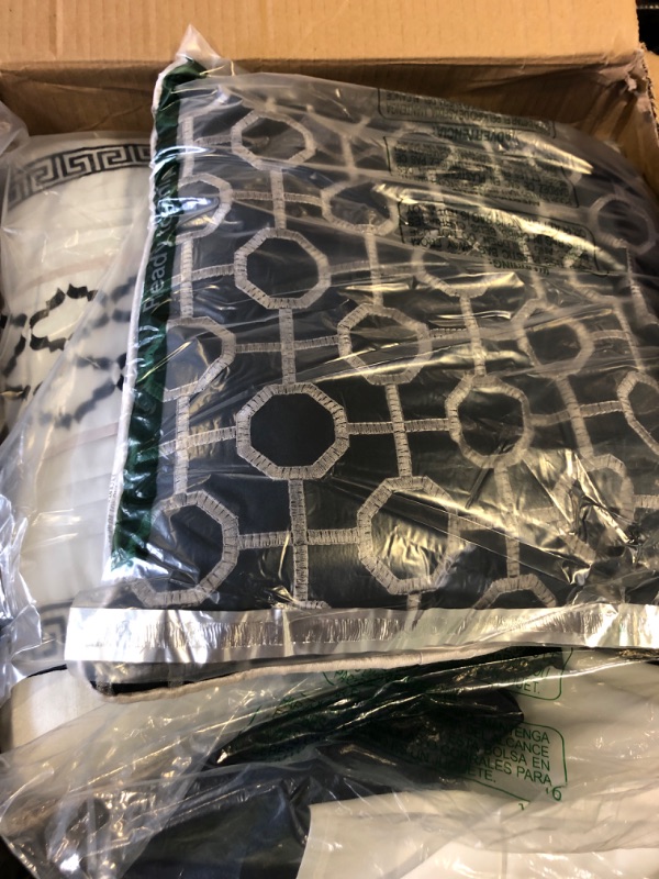Photo 1 of Madison Park Luxury Comforter Set-Traditional Jacquard Design All Season Down Alternative Bedding, Matching Bedskirt, Decorative Pillows, Cal King(104"x92"), Bennett, Geometric Navy 7 Piece