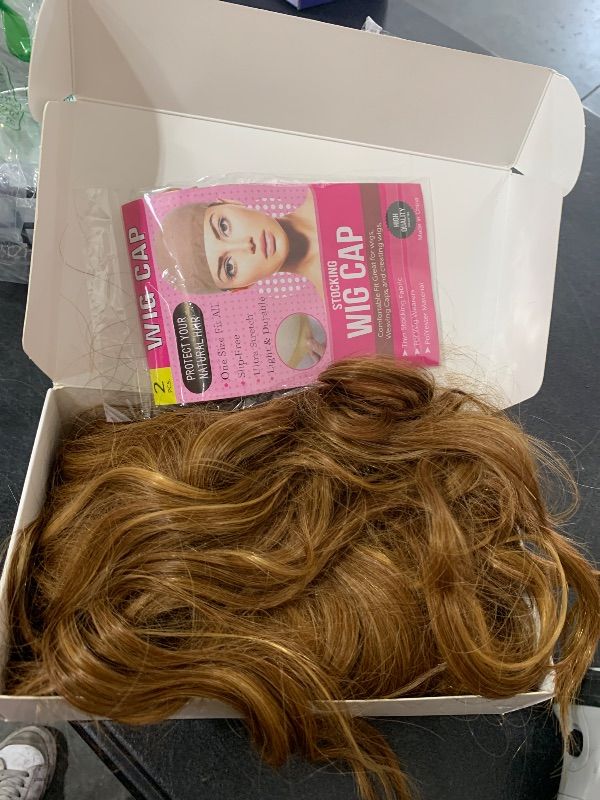 Photo 1 of Long Brown Mixed Blonde Wigs for Women Highlights Blonde Wig Natural Middle Part Synthetic Curly Hair Heat Resistant Fiber Hair Replacement Wigs for Daily Party