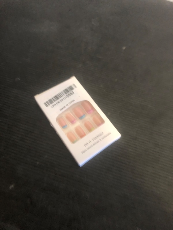 Photo 1 of Colorful French Tip Press On Nails - Short Square Rainbow Fake Nails with Cute Designs, Neon Glossy Stick Ons for Women Girls