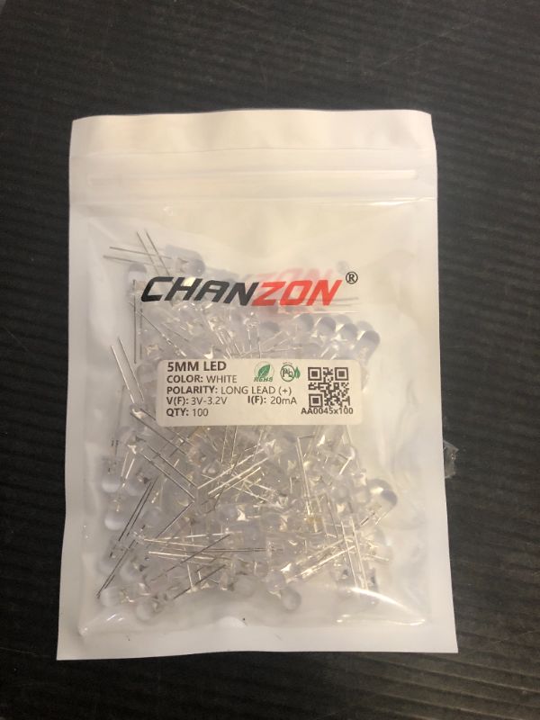 Photo 1 of CHANZON 100 pcs 5mm White LED Diode Lights (Clear Round Transparent DC 3V 20mA) Bright Lighting Bulb Lamps Electronics Components Indicator Light Emitting Diodes for Arduino