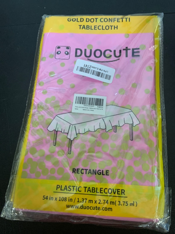 Photo 1 of 108"x54" 4 Packs Pink and Gold Disposable Party Tablecloth for Rectangle Table, Gold Stamping Dot Confetti Rectangular Plastic Table Cover, for Bachelorette, Girl Birthday and Baby Shower, Wedding