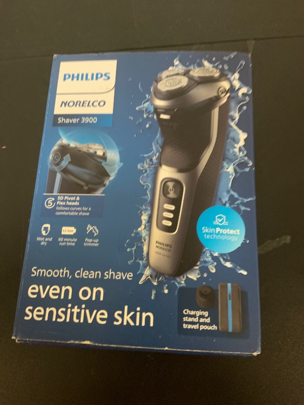 Photo 1 of Philips Norelco Shaver 3900 Series, Wet and Dry Electric Shaver, P-Cap, Travel Pouch, Charging Stand, Storm Blue, Model S3341/92