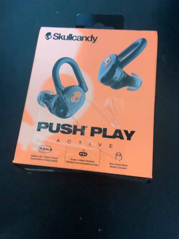 Photo 1 of Skullcandy Push Play Active Wireless Earbuds, Bluetooth Headphones, Noise Isolating, 34 Hrs Battery, Secure-Fit Over-Ear Hanger, Sweat Water Resistant, Microphone for iPhone Android - Black/Orange?
