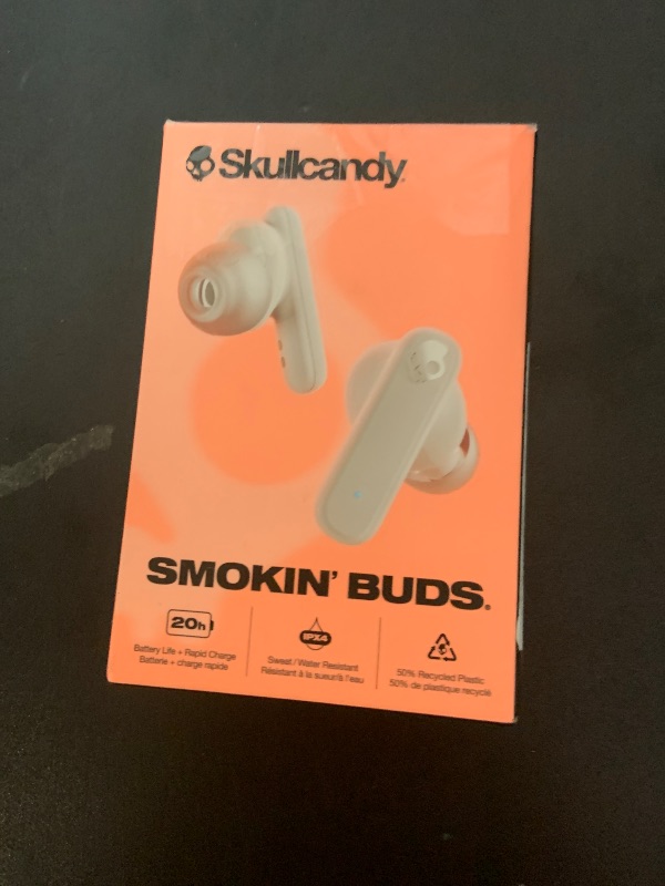 Photo 1 of Skullcandy Smokin’ Buds Wireless Earbuds, Bluetooth Headphones, Noise Isolating Fit, Up to 20 Hours Battery, IPX4 Sweat and Water Resistant, Microphone for iPhone Android - Bone